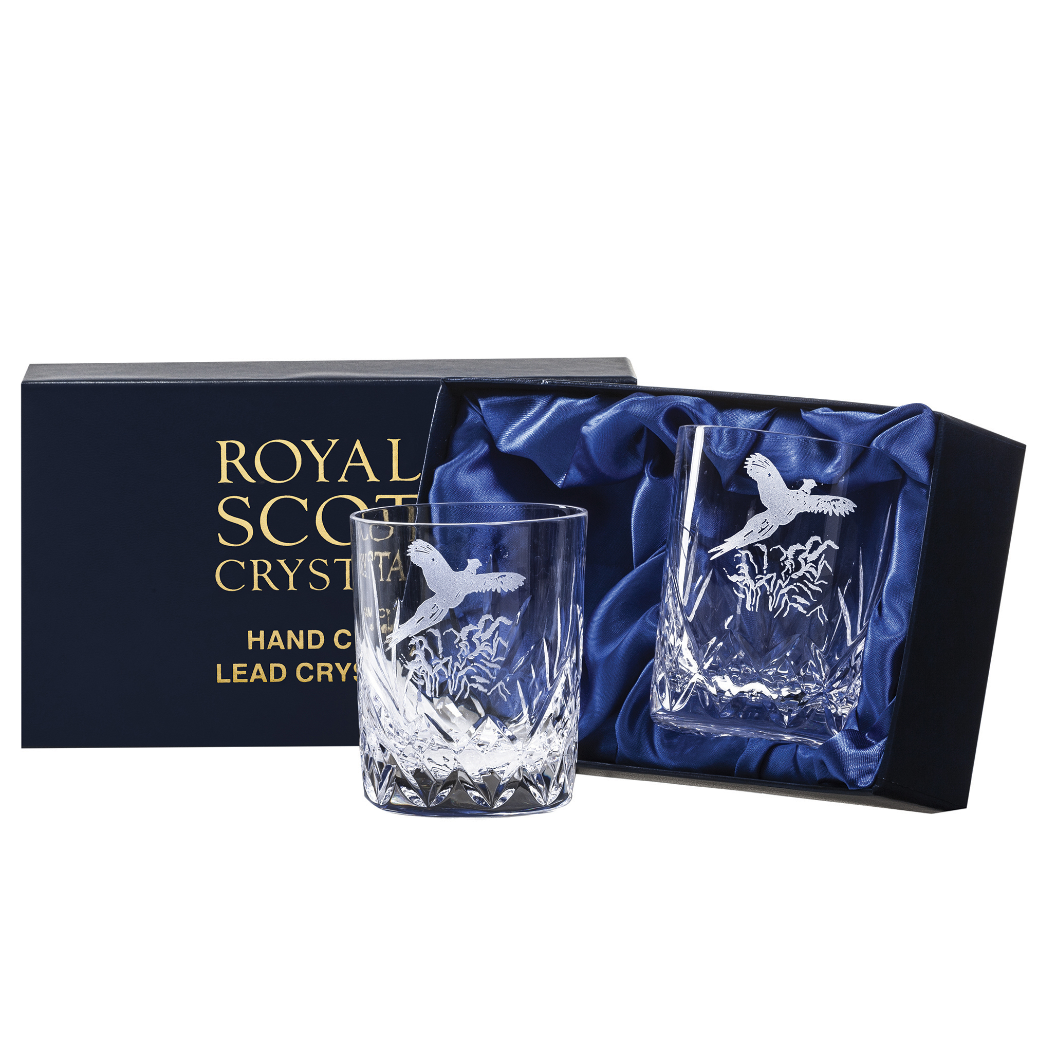 Royal Scot Crystal – 2 Whisky (small) Tumblers Hand Cut Highland (with panel for engraving) (Presentation Boxed)