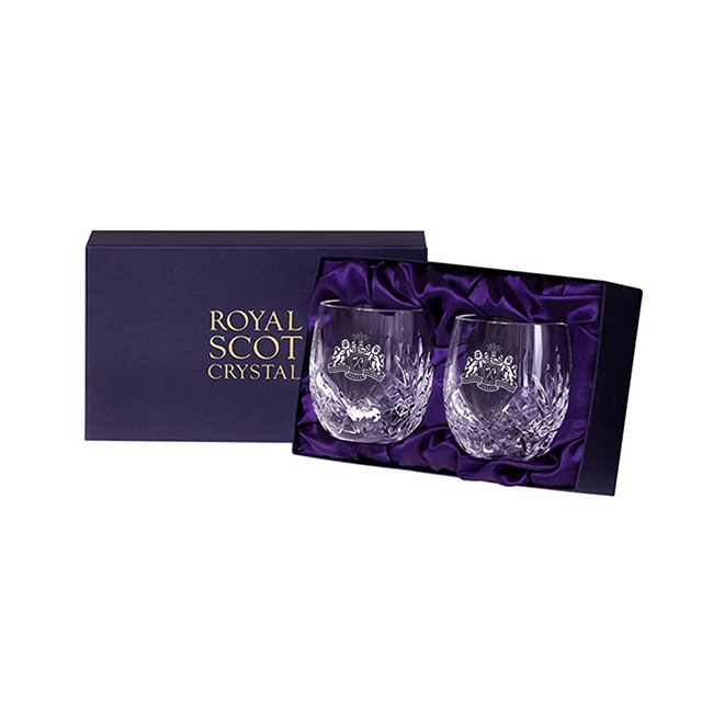 Royal Scot Crystal – 2 Barrel Tumblers cut Highland (engraved) (satin lined box)