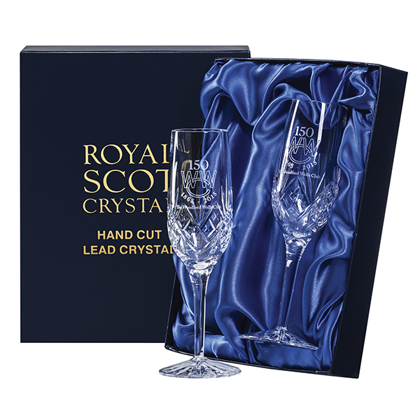 Royal Scot Crystal – 2 Champagne Flutes ‘Highland’ with panel for engraving (engraved one side)