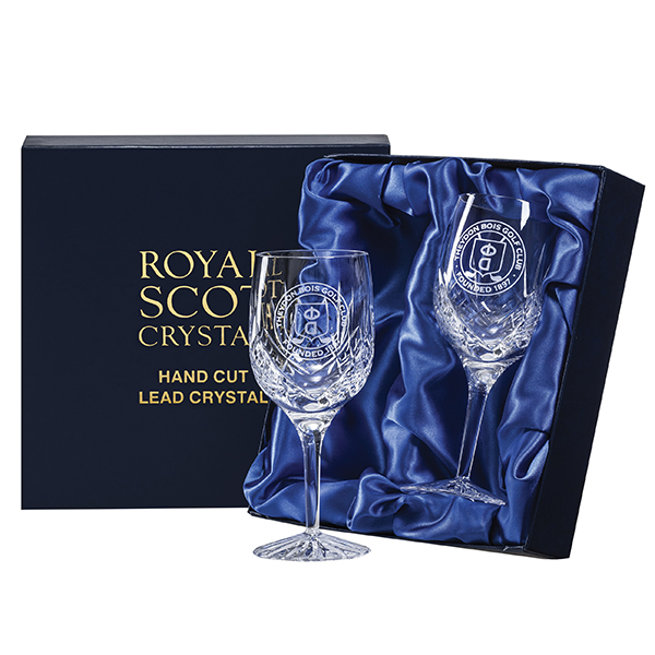 Royal Scot Crystal – 2 Large Wine Goblets ‘Highland’ with panel for engraving (engraved one side)